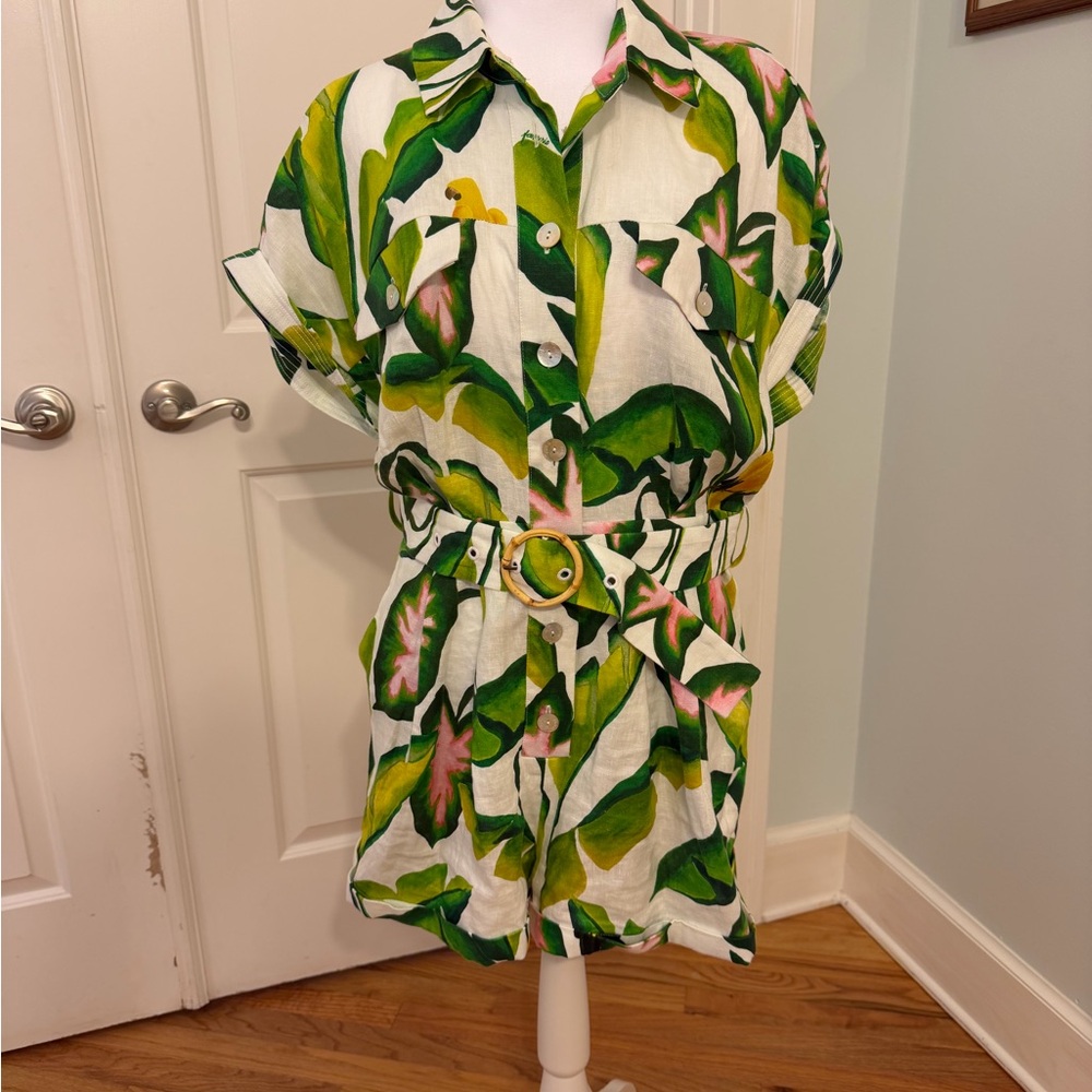 Farm Rio Tropical Leaf Print Belted Romper